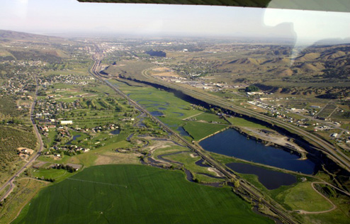 Looking north into Pocatello from the Portneuf Gap (high water year)